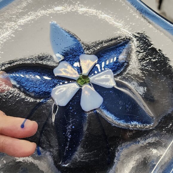 Fused Glass Plates Blue Flowers & Rim Octagon Shaped 8" Diameter Set of 4 VTG - Picture 8 of 10